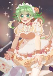 1girl blurry blurry_foreground blush bow bowtie cake clumsy commentary dress dropped_food english_commentary english_text falling flying_sweatdrops food food-themed_hair_ornament food_print fork frilled_dress frilled_headwear frilled_thighhighs frills fruit_print green_eyes green_hair gumi hair_ornament highres maid_headdress open_mouth orange_hair_ornament orange_print peedee_(pidi) print_dress puffy_sleeves solo sparkle teeth thighhighs tray vocaloid waitress white_headdress white_thighhighs