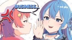 2girls ahoge anger_vein beret blue_choker blue_eyes blue_hair cat_hair_ornament choker dd_f_b eye_contact green_eyes hair_ornament hairclip hat highres hololive hoshimachi_suisei hoshimachi_suisei_(school_uniform) long_hair long_sleeves looking_at_another multiple_girls official_alternate_costume open_hand open_mouth palms pink_hair polka_dot polka_dot_hair polka_dot_shirt pout sakura_miko sakura_miko_(school_uniform) school_uniform shirt short_hair speech_bubble star_(symbol) star_in_eye sweatdrop symbol_in_eye teeth v-shaped_eyebrows virtual_youtuber white_background white_hat