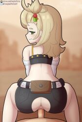1boy 1girl absurdres anus ass bare_shoulders black_shorts blonde_hair blush censored clothed_sex complex_vortex_56 crop_top detached_sleeves ear_piercing green_eyes hetero highres loli looking_at_viewer looking_back mosaic_censoring no_panties patreon_username penis piercing piper_wheel pov pov_crotch pussy sex short_shorts shorts smile torn_clothes torn_shorts twitter_username vaginal zenless_zone_zero