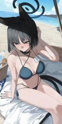 1girl absurdres animal_ears bakeneko beach beach_towel bikini black_hair black_tail blue_archive blue_bikini blue_halo breasts cat_ears cat_girl cat_tail cleavage colored_inner_animal_ears expressionless halo highres kikyou_(blue_archive) kikyou_(swimsuit)_(blue_archive) large_breasts layered_bikini multi-strapped_bikini_bottom multiple_tails nail_polish official_alternate_costume short_hair sitting solo soya_(torga) swimsuit tail towel two_tails