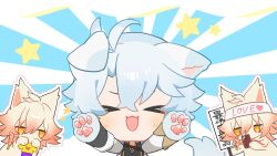 &gt;_&lt; 2boys :d animal_ears animal_hands antenna_hair arm_tattoo black_shirt blonde_hair braid chinese_commentary closed_eyes coat commentary_request dog_boy dog_ears dog_tail gradient_hair highres holding holding_unworn_clothes honkai:_star_rail honkai_(series) male_focus multicolored_hair multiple_boys mydei_(honkai:_star_rail) open_mouth phainon_(honkai:_star_rail) red_hair red_tattoo shirt side_braid smile star_(symbol) suirandanshihao tail tattoo white_coat white_hair yellow_eyes
