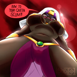 1girl black_skin breasts colored_skin duck_dodgers english_text femdom highres jewelry looking_down navel no_mouth pov queen_tyr&#039;ahnee red_background solo speech_bubble thick_thighs thighs underboob
