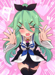 Rule 34 | 1girl, black bow, black thighhighs, blue neckerchief, blush, bow, breasts, closed eyes, collar, commentary request, emphasis lines, eyes visible through hair, female focus, gluteal fold, green hair, hair between eyes, hair bow, hair ornament, hairclip, heart, heart lock (kantai collection), highres, jewelry, kantai collection, long hair, neckerchief, necklace, open mouth, outstretched arms, panties, pantyshot, pink background, pov, reaching, reaching towards viewer, ring, running, skindentation, solo, standing, suzuki toto, thighhighs, underwear, wedding band, yamakaze (kancolle)