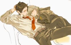Rule 34 | 2boys, adachi tooru, braid, business suit, couch, crossdressing, formal clothes, male focus, multiple boys, narukami yu, necktie, on couch, persona, persona 4, red necktie, school uniform, skirt, sleeping, sleeping on person, suit, twin braids, white-trick, yasogami school uniform