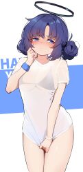Rule 34 | 1girl, absurdres, alternate costume, alternate hairstyle, black bra, black halo, blue archive, blue eyes, bottomless, bra, breasts, double bun, hair bun, halo, highres, long hair, mechanical halo, medium breasts, nearly naked shirt, painterliuhao, purple hair, red pupils, shirt, short sleeves, solo, t-shirt, underwear, white shirt, yuuka (blue archive)