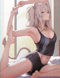 1girl absurdres ahoge animal_ear_fluff animal_ears armpits arms_up barefoot bed black_shorts black_tank_top blue_eyes breasts cleavage crop_top gold_necklace grey_hair highres hololive jewelry large_breasts lion_ears lion_girl lion_tail midriff navel necklace on_bed parted_lips pillow sharc shishiro_botan shorts solo stomach stretching tail tank_top thighs virtual_youtuber