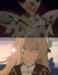 1girl armor artist_name bandaid bandaid_on_face black_armor black_background black_jacket black_ribbon blue_eyes building closed_mouth cloud cloudy_sky commentary crossed_bangs despite_everything_it&#039;s_still_you_(meme) dress english_commentary english_text evening firefly_(honkai:_star_rail) floating_hair full_armor gradient_background grey_armor grey_hair hair_ornament hair_ribbon highres honkai:_star_rail honkai_(series) jacket korshokor leaf_hair_ornament long_hair looking_at_viewer mecha meme multicolored_eyes outdoors pink_sky power_armor purple_eyes red_background ribbon robot sailor_collar sam_(honkai:_star_rail) simple_background sky skyscraper smile sun two-tone_armor upper_body white_dress yellow_armor
