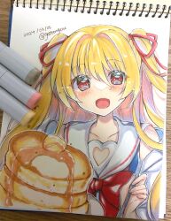 Rule 34 | 1girl, 2024, :d, art tools in frame, blonde hair, blush, bow, collarbone, commentary request, dated, eyes visible through hair, food, gattengou, hair between eyes, hair ribbon, happy, highres, irotoridori no sekai, long hair, looking at viewer, nikaidou shinku, open mouth, pancake, pancake stack, photo (medium), red bow, red eyes, red ribbon, ribbon, sailor collar, school uniform, serafuku, sidelocks, simple background, smile, solo, straight hair, traditional media, twitter username, two side up, upper body, white background, white sailor collar