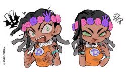 ! !! 1girl arm_tattoo black_hair chibi chibi_only commentary dark-skinned_female dark_skin dragona_joestar dreadlocks english_commentary flower flower_wreath green_eyes hair_flower hair_ornament head_wreath jewelry jojo_no_kimyou_na_bouken male_focus multiple_views naru_tomaki open_mouth orange_shirt pink_flower purple_flower scared shirt sleeveless sleeveless_shirt sweatdrop tattoo the_jojolands white_background