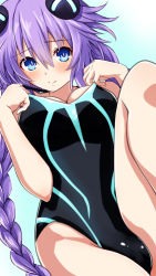 bare_shoulders blue_eyes braid breasts cleavage gekijigen_tag:_blanc_+_neptune_vs_zombie_gundan hair_ornament hairclip iwashi_dorobou_-r- long_hair medium_breasts neptune_(neptunia) neptune_(series) power_symbol-shaped_pupils purple_hair purple_heart_(neptunia) smile soaked swimsuit symbol-shaped_pupils thighs twin_braids vvvtune wet