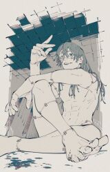 1boy arm_on_knee arm_up blood blood_on_ground ceiling completely_nude double-parted_bangs fingernails full_body hair_behind_ear hair_between_eyes heterochromia highres jujutsu_kaisen knee_up long_hair looking_ahead mahito_(jujutsu_kaisen) male_focus mim_(mimya0600) nude sitting smile solo stitched_arm stitched_face stitched_wrist stitches teeth tile_ceiling tiles