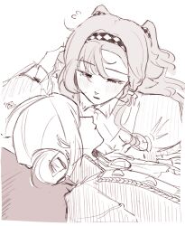 Rule 34 | 2girls, absurdres, blush, checkered hairband, coat, flying sweatdrops, greyscale, hair bun, hairband, highres, looking at another, monochrome, multiple girls, murmew, reverse:1999, single side bun, sleeping, sonetto (reverse:1999), two side up, vertin (reverse:1999), yuri