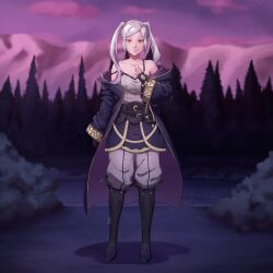 1girl absurdres belt black_boots black_gloves black_robe boots breasts camisole cleavage closed_mouth cloud collarbone commission female_robin_(fire_emblem) female_robin_(grima)_(fire_emblem) fingerless_gloves fire_emblem fire_emblem_awakening full_body gloves grima_(fire_emblem) hand_on_own_chest highres kayksyla long_hair looking_at_viewer medium_breasts mountainous_horizon nintendo open_clothes open_robe outdoors pants purple_sky red_eyes robe second-party_source shadow sky smile solo standing sunset swept_bangs twintails white_camisole white_hair white_pants wide_sleeves