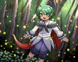 1girl 1jumangoku :d androgynous antennae black_cape bug bush cape collared_shirt commentary feet_out_of_frame fireflies firefly flat_chest forest frilled_shorts frills green_hair grey_shorts hair_between_eyes insect light_rays long_sleeves nature open_mouth red_cape shirt short_hair shorts smile solo sunbeam sunlight symbol-only_commentary touhou two-sided_cape two-sided_fabric white_shirt wriggle_day wriggle_nightbug