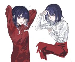 Rule 34 | 1boy, arms behind head, bishounen, blunt bangs, buttons, collared shirt, fu ga (vivi912912), gakuran, hand in own hair, highres, jacket, long sleeves, medium hair, multiple views, pants, pink eyes, purple hair, red jacket, red pants, school uniform, shirt, sidelocks, smile, smug, the hundred line -last defense academy-, tongue, tongue out, tsukumo ima, white shirt