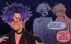 2boys absurdres blue_background blue_hair blush collar collarbone earrings english_text eyepatch highres jewelry messy_hair multiple_boys omokage_yugamu one_eye_covered open_mouth sumino_takumi teeth the_hundred_line_-last_defense_academy-