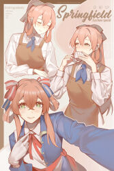 Rule 34 | 1girl, alternate hairstyle, apron, blue necktie, blue ribbon, bluebeel2, blush, brown apron, brown hair, character name, closed eyes, collared shirt, commentary, cropped torso, cup, drinking, english commentary, english text, girls&#039; frontline, girls&#039; frontline 2: exilium, green eyes, hair ribbon, highres, holding, holding cup, light smile, long hair, looking at viewer, multiple views, neck ribbon, necktie, photo-referenced, red ribbon, ribbon, shirt, smile, springfield (girls&#039; frontline), white shirt