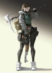 Rule 34 | 1girl, absurdres, ak-47, aqua hair, arm at side, arowana2111, assault rifle, backpack, bag, battle, black background, black gloves, black mask, black pants, border, brown bag, brown eyes, brown hair, commentary, english commentary, fingerless gloves, flashlight, gloves, gradient background, grey sleeves, gun, hand up, highres, holding, holding weapon, hood, hoodie, kalashnikov rifle, looking at viewer, mask, mask pull, mouth mask, original, pants, plastic bag, rifle, shadow, shoes, solo, tight clothes, tight pants, weapon, white border, white shoes
