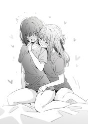 2girls bare_legs blush braid closed_eyes closed_mouth commentary_request french_braid greyscale hand_on_another&#039;s_waist heart highres long_hair lwmina70119 miyagi_shiori monochrome multiple_girls on_bed open_mouth sendai_hazuki shirt short_sleeves shuuniichido_classmate_wo_kau_hanashi sitting sweatdrop yuri
