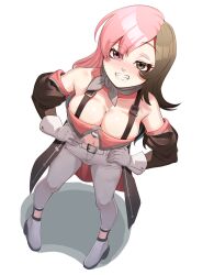 1girl bare_shoulders belt breasts brown_eyes brown_hair cleavage collarbone commission crop_top detached_sleeves from_above gloves grin half-closed_eyes hands_on_own_hips heterochromia highres large_breasts looking_at_viewer midriff multicolored_hair navel neopolitan_(rwby) nico-mo pants pink_eyes pink_hair rwby scarf shoes simple_background smile smug solo split-color_hair suspenders two-tone_hair white_background white_belt white_gloves white_pants white_shoes
