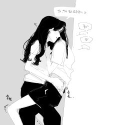 2girls absurdres closed_eyes commentary_request flffy11 greyscale hand_on_another&#039;s_waist heart highres korean_commentary korean_text leg_between_thighs long_hair monochrome multiple_girls original pants parted_lips shirt short_sleeves shorts smile speech_bubble translation_request trembling yuri