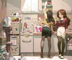 2girls arm_support arm_up bottle box brown_eyes brown_hair brown_legwear commentary_request cup cupboard earrings eyelashes faucet highres holding holding_cup jacket jewelry kitchen lipstick long_hair long_sleeves makeup mug multiple_girls office_lady original pantyhose pencil_skirt reaching red_jacket red_lips refrigerator sink skirt three-quarter_sleeves slippers standing taiwan tennohi tiptoes water_cooler