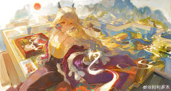 1girl absurdly_long_hair absurdres ali_duo_mu arknights blonde_hair blue_hair brown_skirt camisole chinese_commentary choker closed_mouth commentary_request crossed_bangs dragon_girl dragon_horns earrings food fruit_earrings grey_eyes hair_between_eyes highres horns jewelry long_hair looking_at_viewer multicolored_hair necklace official_alternate_costume pointy_ears red_sun shawl shu_(arknights) shu_(spring_feast)_(arknights) sitting skirt smile solo spaghetti_strap tassel very_long_hair watermark weibo_watermark white_hair white_shawl yellow_camisole yellow_choker