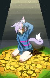 1girl absurdres ahoge animal_ear_fluff animal_ears blush choigoli fox_ears fox_girl fox_tail frisk_(undertale) highres purple_tail short_hair solo stellive tail tenko_shibuki two-tone_tail undertale