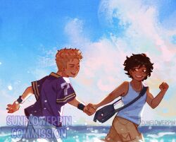 2boys :d bag blue_sky blurry blurry_foreground brown_eyes brown_hair clenched_hand closed_eyes cloud cloudy_sky curly_hair dark-skinned_male dark_skin day denim derek_suarez from_side grin holding_hands horizon jeans looking_at_another main_character_(our_life) messy_hair multiple_boys ocean open_mouth original our_life:_beginnings_and_always outstretched_arm pants purple_shirt shirt shoulder_bag sky smile splashing sportswear sunlight sunnyflowerday1 tank_top teeth upper_body upper_teeth_only wading water_drop wrist_cuffs