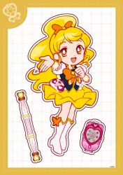 Rule 34 | 1girl, back bow, black shirt, black vest, blonde hair, boots, border, bow, bowtie, brooch, cellphone, circle skirt, clenched hand, collared vest, cure honey, deformed, dot nose, dotted line, eyelashes, flip phone, floating clothes, footwear bow, frilled skirt, frilled sleeves, frilled vest, frills, full body, grid background, hair bow, hair ornament, hand on own chest, happinesscharge precure!, happy, heart, heart brooch, heart wand, high heel boots, high heels, high ponytail, highres, jewelry, knee boots, lace, lace-trimmed shirt, lace trim, lapels, long hair, magical girl, miniskirt, notched lapels, oomori yuuko, open mouth, orange bow, orange bowtie, orange eyes, outline, outstretched arm, phone, ponytail, precure, puffy short sleeves, puffy sleeves, ringlets, shirt, short sleeves, signature, skirt, smile, solo, standing, tareme, teeth, upper teeth only, uwded 207, very long hair, vest, waist bag, wand, wavy hair, white background, white bag, white boots, white outline, white sleeves, yellow arm warmers, yellow border, yellow bow, yellow skirt