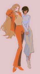2girls black_choker blue_eyes blush boots brown_eyes brown_hair choker collared_dress dress full_body highres huyj_cl jacket lapels limbus_company long_hair multiple_girls notched_lapels open_mouth orange_jacket orange_pants outis_(project_moon) pants parted_bangs project_moon rodion_(project_moon) short_hair simple_background very_long_hair white_background white_boots white_dress