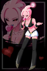 1girl black_sclera blue_tongue breasts candy cleavage colored_sclera colored_skin colored_tongue dragon_ball dragon_ball_xenoverse dragonball_z epe-tohri female_focus female_majin food full_body heart heart-shaped_food heart-shaped_lollipop lamp_(epe-tohri) majin_(race) midriff monster_girl original pink_skin red_eyes shaped_lollipop shorts solo thighhighs