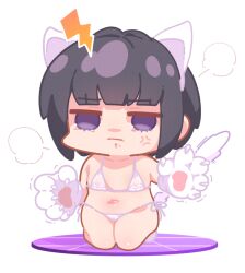 1girl adversarial_noise anger_vein animal_ears animal_hands bikini black_hair cat_ears cat_paws cat_tail chibi closed_mouth fake_animal_ears fake_tail flat_chest full_body gloves idolmaster idolmaster_cinderella_girls jitome lightning_bolt_symbol loli navel paw_gloves purple_eyes seiza shirayuki_chiyo side-tie_bikini_bottom sitting solo string_bikini swimsuit tail takato_kurosuke white_bikini