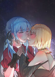 2girls absurdres bang_dream! bang_dream!_it&#039;s_mygo!!!!! bare_shoulders black_dress black_gloves black_ribbon blonde_hair blue_hair blush clothing_cutout collared_shirt commentary doloris_(bang_dream!) dress ear_blush epo_(0epo0) gloves hair_ribbon hand_on_another&#039;s_neck highres holding_another&#039;s_wrist medium_hair misumi_uika multiple_girls night night_sky oblivionis_(bang_dream!) parted_lips purple_eyes red_shirt ribbon shirt short_sleeves shoulder_cutout sky smile star_(sky) starry_sky togawa_sakiko two_side_up yellow_eyes yuri