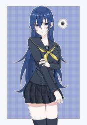 Rule 34 | 1girl, alternate hair length, alternate hairstyle, black sailor collar, black serafuku, black skirt, black thighhighs, blue eyes, blue hair, blush, breasts, closed mouth, commentary request, cowboy shot, hair between eyes, hand on own arm, highres, kotubu 4, long hair, long sleeves, looking at viewer, medium breasts, neckerchief, outside border, persona, persona 4, pleated skirt, sailor collar, school uniform, serafuku, shirogane naoto, skirt, solo, spoken squiggle, squiggle, sweatdrop, thighhighs, yasogami school uniform, yellow neckerchief, zettai ryouiki