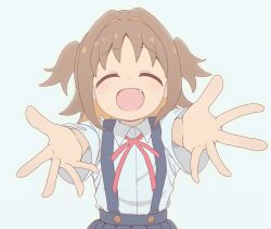 1girl :d ^_^ blue_background brown_hair closed_eyes dot_nose facing_viewer fang happy multicolored_hair neck_ribbon oka_asahi onii-chan_wa_oshimai! open_mouth orange_hair outstretched_arms ribbon rtbspecter school_uniform shirt short_hair simple_background skirt smile solo suspender_skirt suspenders two-tone_hair two_side_up upper_body white_shirt wing_collar