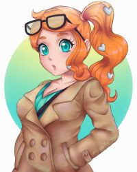 1girl absurdres aqua_eyes aqua_shirt black-framed_eyewear breasts brown_coat cleavage coat collarbone eyewear_on_head hair_ornament heart heart_hair_ornament highres long_hair medium_breasts nintendo orange_hair pokemon pokemon_swsh ribbed_shirt roxaile shirt side_ponytail solo sonia_(pokemon) sunglasses swept_bangs upper_body v-neck wavy_hair