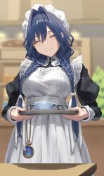 Rule 34 | 1girl, absurdres, apron, black dress, blue eyes, braid, closed eyes, closed mouth, dress, hair intakes, hat, highres, holding, holding tray, hololive, hololive english, indoors, long hair, low twin braids, maid apron, mob cap, official alternate costume, official alternate hairstyle, ouro kronii, ouro kronii (maid), pocket watch, smile, solo, table, tray, twin braids, vakuuberi, virtual youtuber, watch, white apron