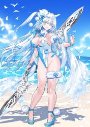 1girl animal_ears arm_at_side bangle beach blue_bow blue_bowtie blue_eyes blue_nails blue_one-piece_swimsuit blue_sandals blue_sky blush bow bowtie bracelet breasts cat_ears cat_girl cat_tail cleavage cloud collar contrapposto day dobrynya_nikitich_(fate) dobrynya_nikitich_(swimsuit_lancer)_(fate) dobrynya_nikitich_(swimsuit_lancer)_(second_ascension)_(fate) fate/grand_order fate_(series) fingernails floating_hair full_body fur_armlet fur_collar fur_thigh_strap game_cg grin groin hair_intakes hand_up high_heel_sandals high_heels highleg highleg_one-piece_swimsuit holding holding_behind_back holding_weapon holding_weapon_behind_back horizon jewelry large_breasts lips long_hair looking_at_viewer nail_polish ocean official_art one-piece_swimsuit one_side_up plunging_neckline pom_pom_(clothes) pom_pom_footwear robina sand sandals shawl sidelocks single_bare_leg skindentation sky smile solo standing stiletto_heels strapless strapless_one-piece_swimsuit swimsuit tail thigh_strap third-party_source toenails toes two-tone_one-piece_swimsuit variant_set very_long_hair waves weapon white_collar white_hair white_one-piece_swimsuit white_shawl white_tail