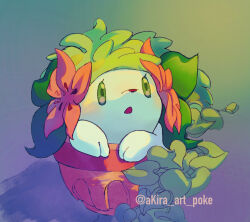 :o akira_(akira_art_poke) commentary_request flower gen_4_pokemon green_eyes highres in_pot legendary_pokemon looking_up mythical_pokemon nintendo no_humans open_mouth pink_flower pokemon pokemon_(creature) shaymin shaymin_(land) solo watermark