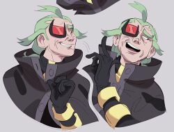 1boy black-framed_eyewear black_gloves buttons coat commentary ghetsis_(pokemon) gloves green_hair grey_background grin hand_up highres jacket long_hair looking_down lynn_(daisiloou) male_focus multiple_views nintendo open_mouth pokemon pokemon_bw2 red_eyes simple_background smile teeth tongue upper_teeth_only