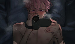 1boy arms_up bamby_(plave) bed breath bruise bruise_on_chest camera commentary fingernails holding holding_camera ien1012923 injury lying male_focus nude on_back pectorals pillow pink_eyes pink_hair plave solo symbol-only_commentary upper_body