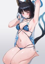 1girl animal_ear_fluff animal_ears arm_behind_head armpits bare_arms bare_shoulders bikini black_eyes black_hair blue_archive blue_bikini blush cat_ears cat_girl cat_tail closed_mouth highres holding holding_unworn_clothes iino_(isnyong) kikyou_(blue_archive) looking_at_viewer multiple_tails navel official_alternate_costume seiza short_hair sitting solo stomach swimsuit tail two_tails wet