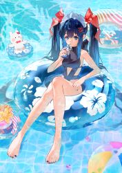 1girl absurdres barefoot black_one-piece_swimsuit blue_hair breasts drinking drinking_straw full_body highres innertube long_hair medium_breasts nail_polish one-piece_swimsuit original sitting solo swim_ring swimsuit toenail_polish toenails toes yeougui