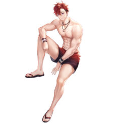 1boy abs absurdres between_legs black_sandals black_streaks commentary earrings english_commentary full_body hand_between_legs highres invisible_chair jewelry kibera_(king&#039;s_raid) king&#039;s_raid lagna leg_up looking_at_viewer male_swimwear muscular muscular_male necklace nipples official_alternate_costume official_art pectorals pink_eyes red_hair red_male_swimwear sandals short_hair sitting smile solo sweatband wet wristband