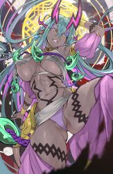 1girl absurdres aqua_hair bare_shoulders breasts cleavage colored_skin ebichannoshippo eyeliner fate/grand_order fate_(series) grey_skin grin halo harem_pants highres horns ibuki_douji_(fate) ibuki_douji_(third_ascension)_(fate) jewelry large_breasts long_hair looking_at_viewer magatama magatama_necklace makeup nail_polish navel neck_ring necklace oni pants pink_eyes pointy_ears smile solo tail thighs very_long_hair