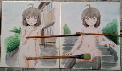 Rule 34 | 1girl, ahoge, blue sky, blush, breasts, brown eyes, brown hair, censored, closed mouth, cloud, comiket 104, commentary request, day, groin, hair between eyes, navel, on stairs, open mouth, original, photo (medium), public indecency, public nudity, shikishi, sitting, sky, small breasts, smile, stairs, standing, stone stairs, takapi (chimee house), traditional media