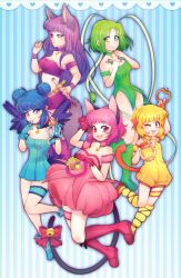 5girls absurdres aizawa_mint animal_ears aqua_dress aqua_gloves armpits arms_up bare_shoulders blonde_hair blue_bow blue_choker blue_eyes blue_hair blush bow breasts cat_ears cat_girl cat_tail choker cleavage closed_mouth collarbone double_bun dress fong_pudding fujiwara_zakuro gloves green_bow green_choker green_eyes green_hair hair_bun heart highres holding holding_weapon lettustanets long_hair looking_at_viewer medium_breasts mew_ichigo mew_lettuce mew_mint mew_pudding mew_zakuro midorikawa_lettuce mintone_arrow momomiya_ichigo multiple_girls open_mouth pink_bow pink_choker pink_dress pink_eyes pink_hair puring_ring purple_bow purple_choker purple_eyes purple_hair sami_(pirateyoukai) short_hair smile strapless strapless_dress strawbell_bell tail tokyo_mew_mew twintails v weapon wolf_ears wolf_girl yellow_bow yellow_choker yellow_eyes zacross_whip