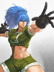 1girl abs absurdres black_gloves blue_eyes blue_hair breasts closed_mouth earrings gloves green_jacket green_shorts highres jacket jewelry leona_heidern midriff military military_uniform muscular muscular_female navel ponytail ramitto short_sleeves shorts soldier solo suspenders the_king_of_fighters the_king_of_fighters_xv triangle_earrings