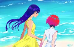 2girls amate_yuzuriha artist_name beach commentary_request dark-skinned_female dark_skin dated day dress gundam gundam_gquuuuuux long_hair multiple_girls nyaan_(gundam_gquuuuuux) ocean outdoors purple_hair red_hair short_hair sleeveless sleeveless_dress white_dress yellow_dress yuri_kyanon